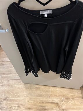 Marled Reunited Black Long-Sleeve Cutout Top with Pearl-Studded Cuffs